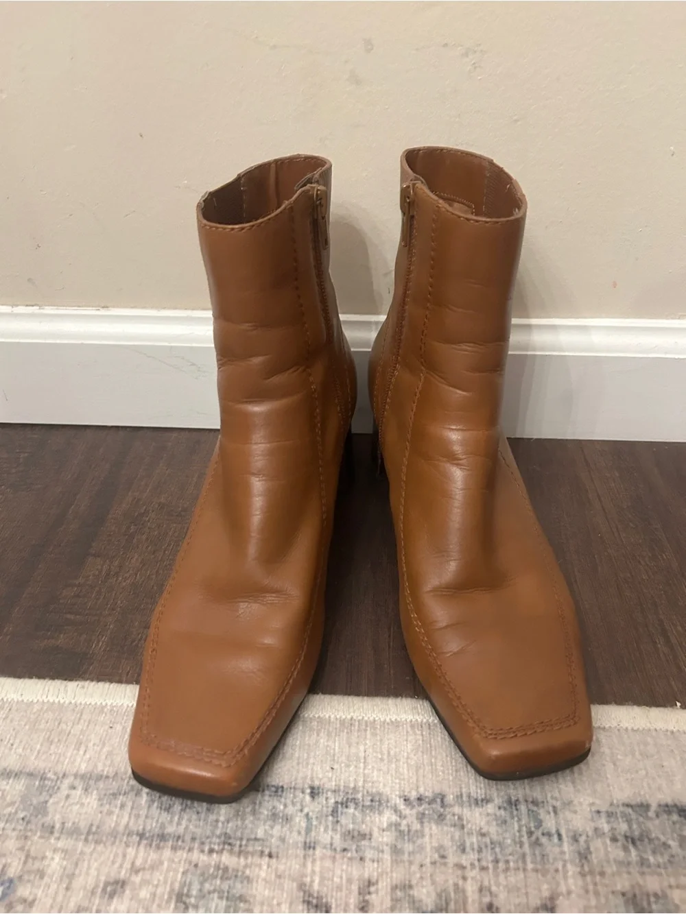 Nine West Tan Leather Square-Toe Ankle Boots Sz 7.5 Fall Y2K Inspo Block Heel